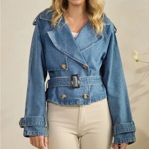 Denim Belted Trench Jacket in Medium Blue